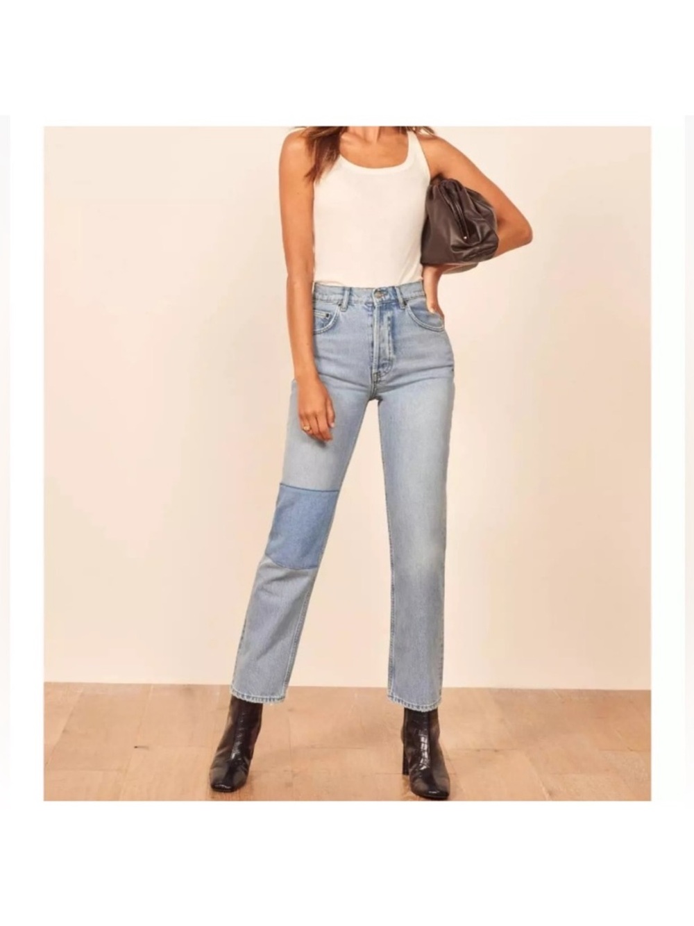Reformation Cynthia Patch High Rise Straight Jeans Tahoe Light Wash Denim